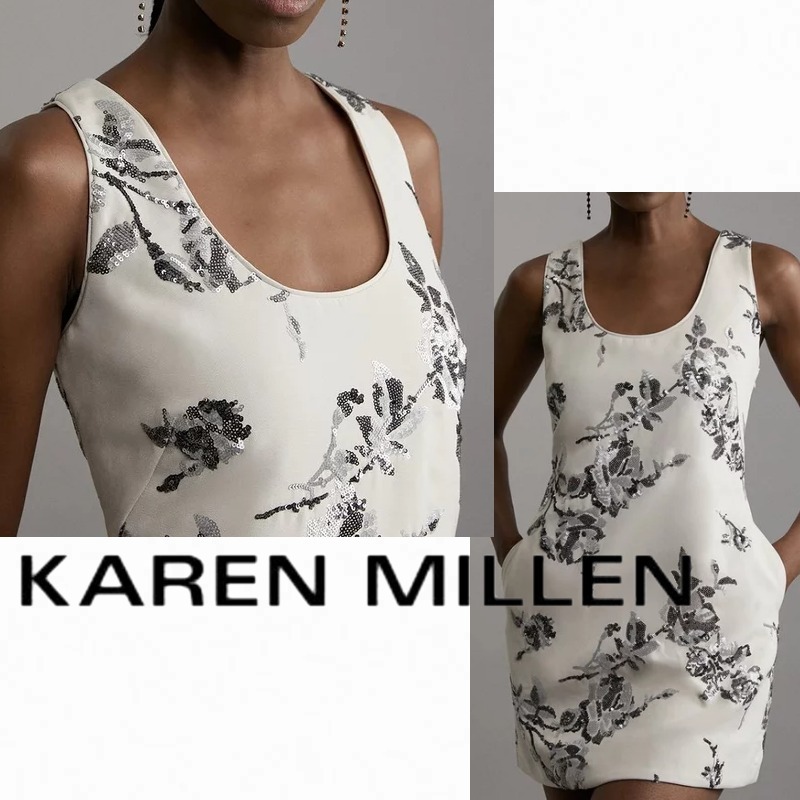 【KAREN MILLEN】サテンスパンコール フローラル刺繍 ドレス