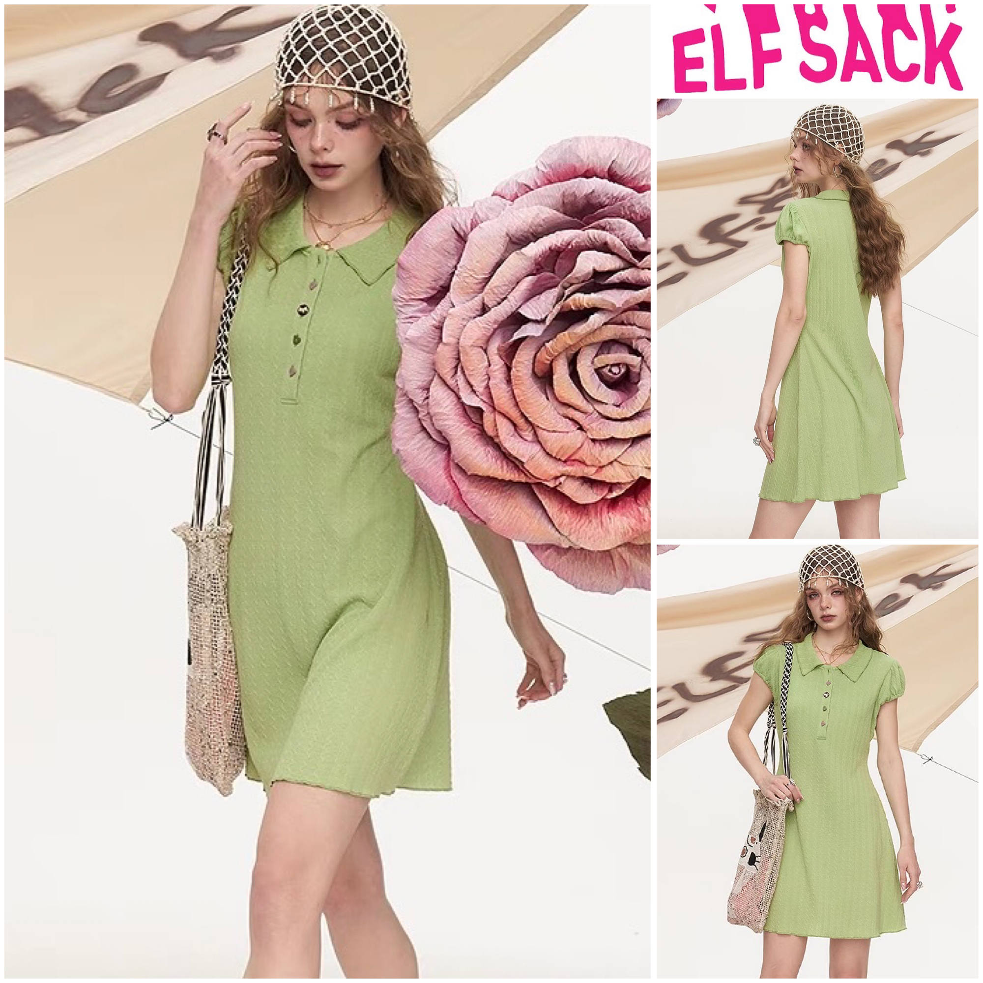 ★ELF SACK★ ポロ襟 パフスリーブ ワンピース/送料込