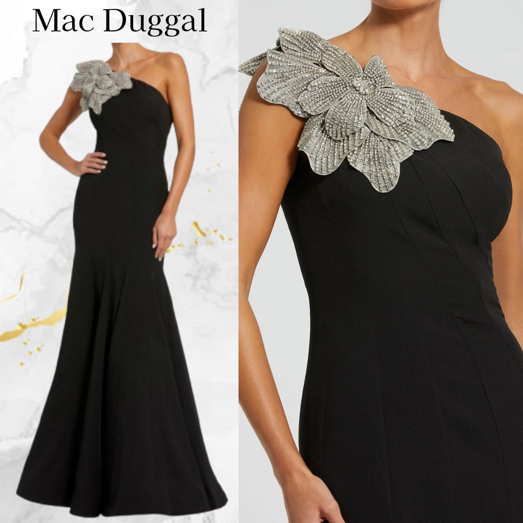 Mac Duggal☆クリスタルフラワー付き ワンショルダー ガウン