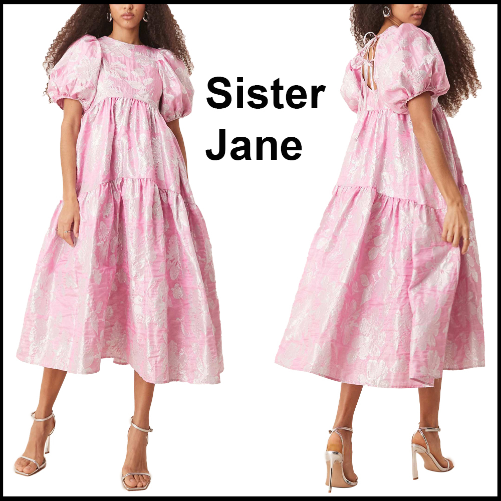 Sister Jane★ピンク花柄 パフスリーブジャカードミディドレス