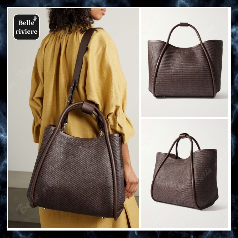 25SS new/Max Mara サマーマリンレザートリム織トート Bag Brown