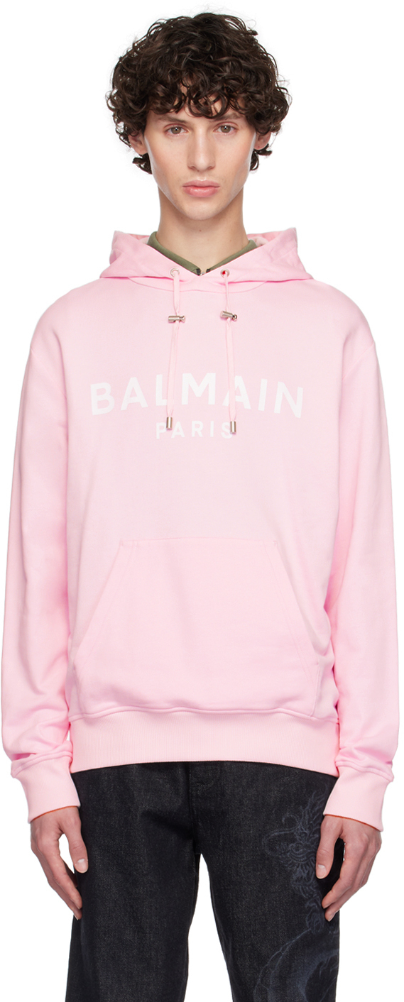 【関税込み】Balmain ピンク ロゴプリント フーディ