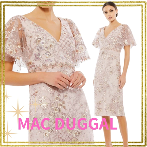 【MAC DUGGAL】フラッタースリーブのティーレングスドレス