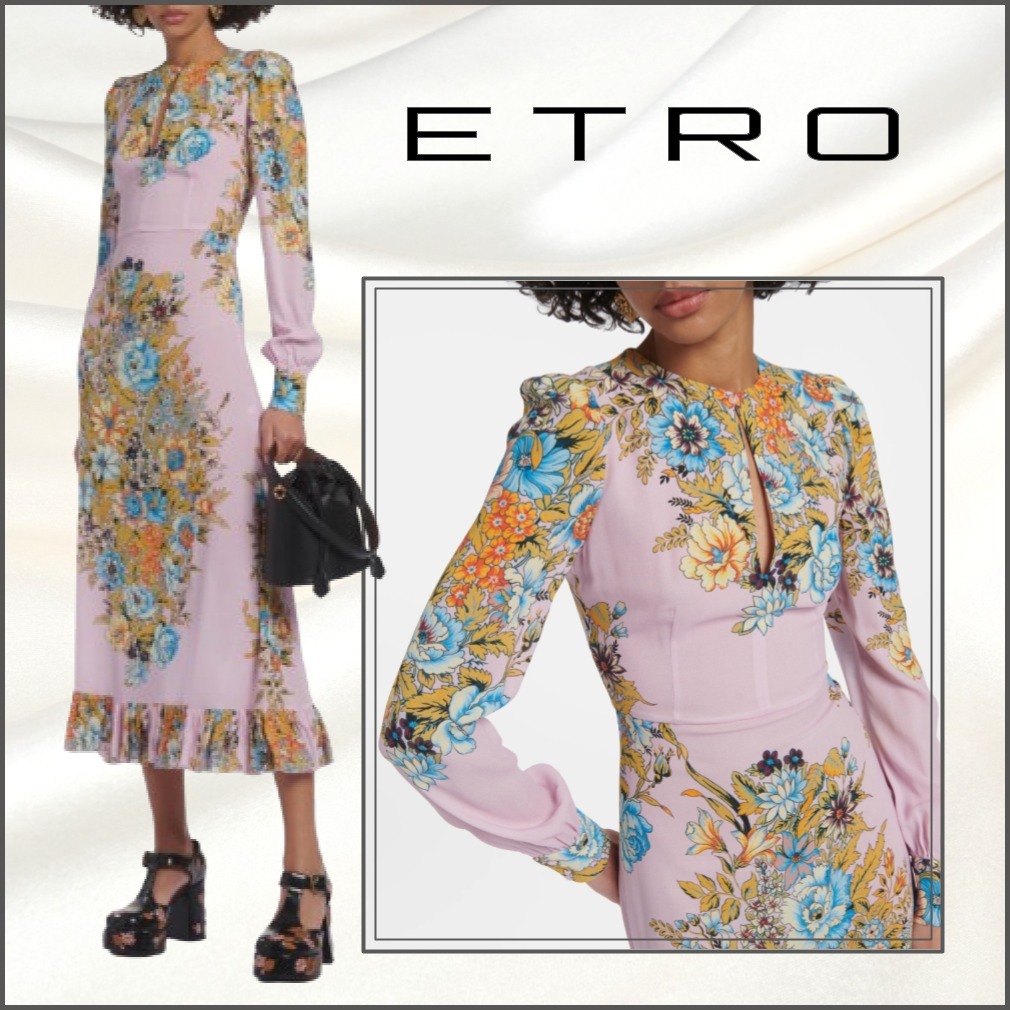 関税送料込【ETRO】エトロ ロング ワンピース 花柄 長袖 ピンク