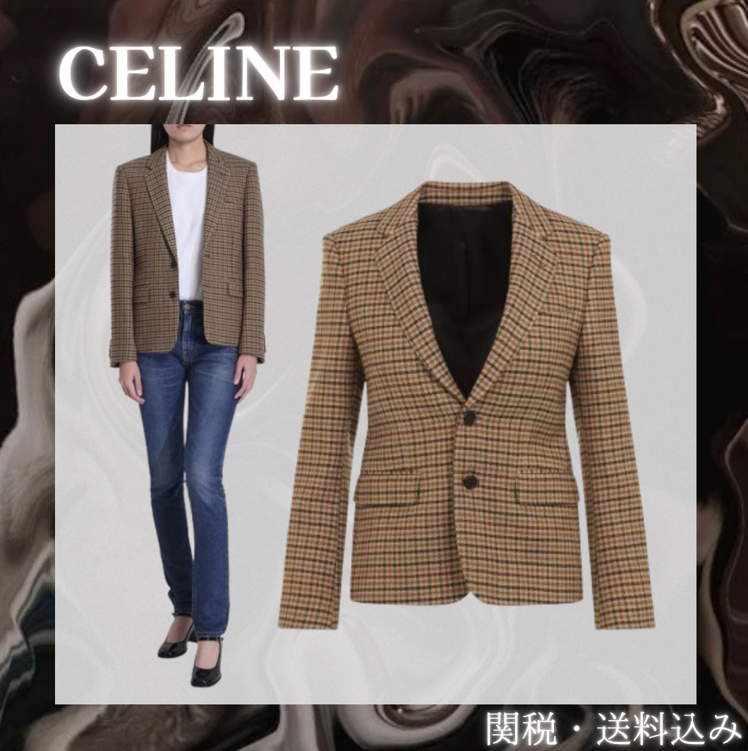 CELINE ウール チェック ジャケット ブラウン