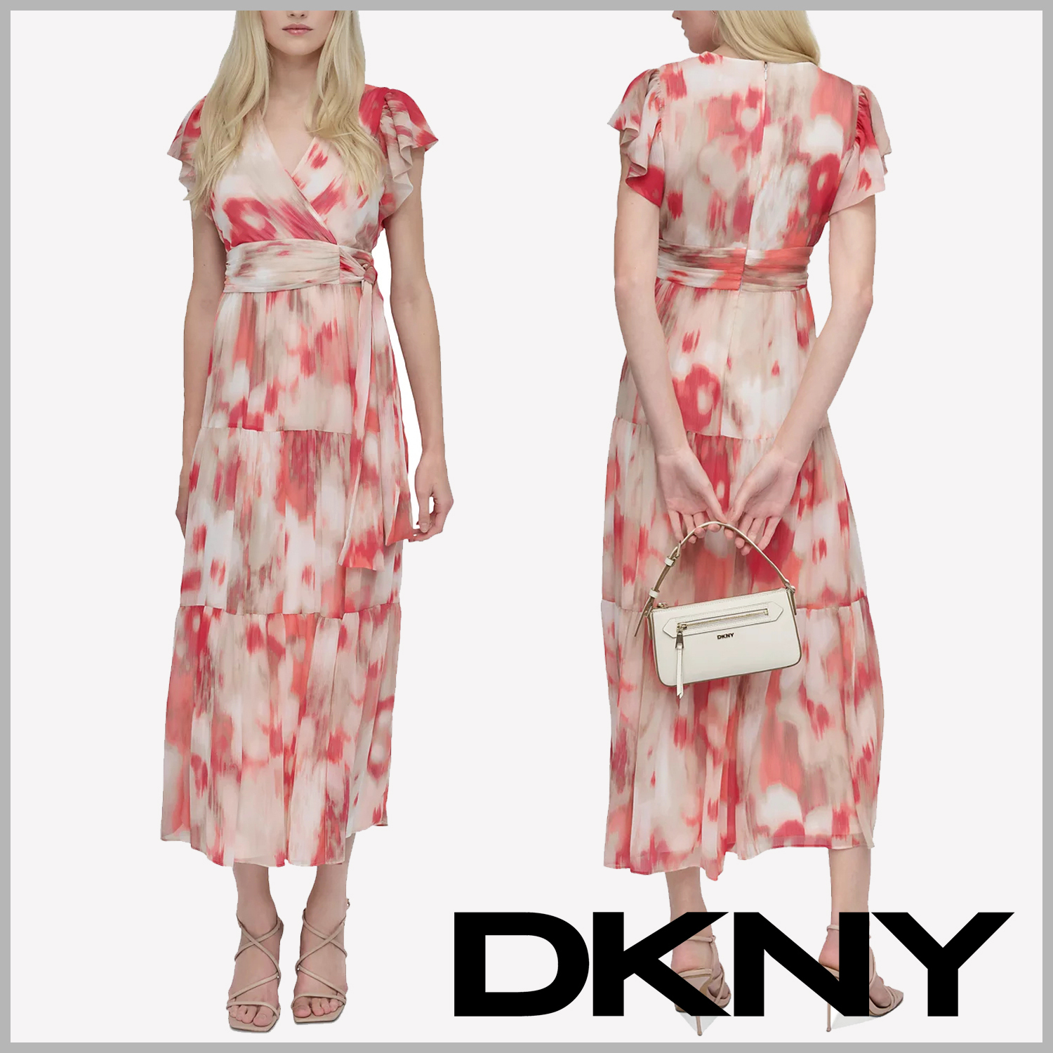 【DKNY】フリル袖の白とピンクの花柄ミディ丈フレアワンピース