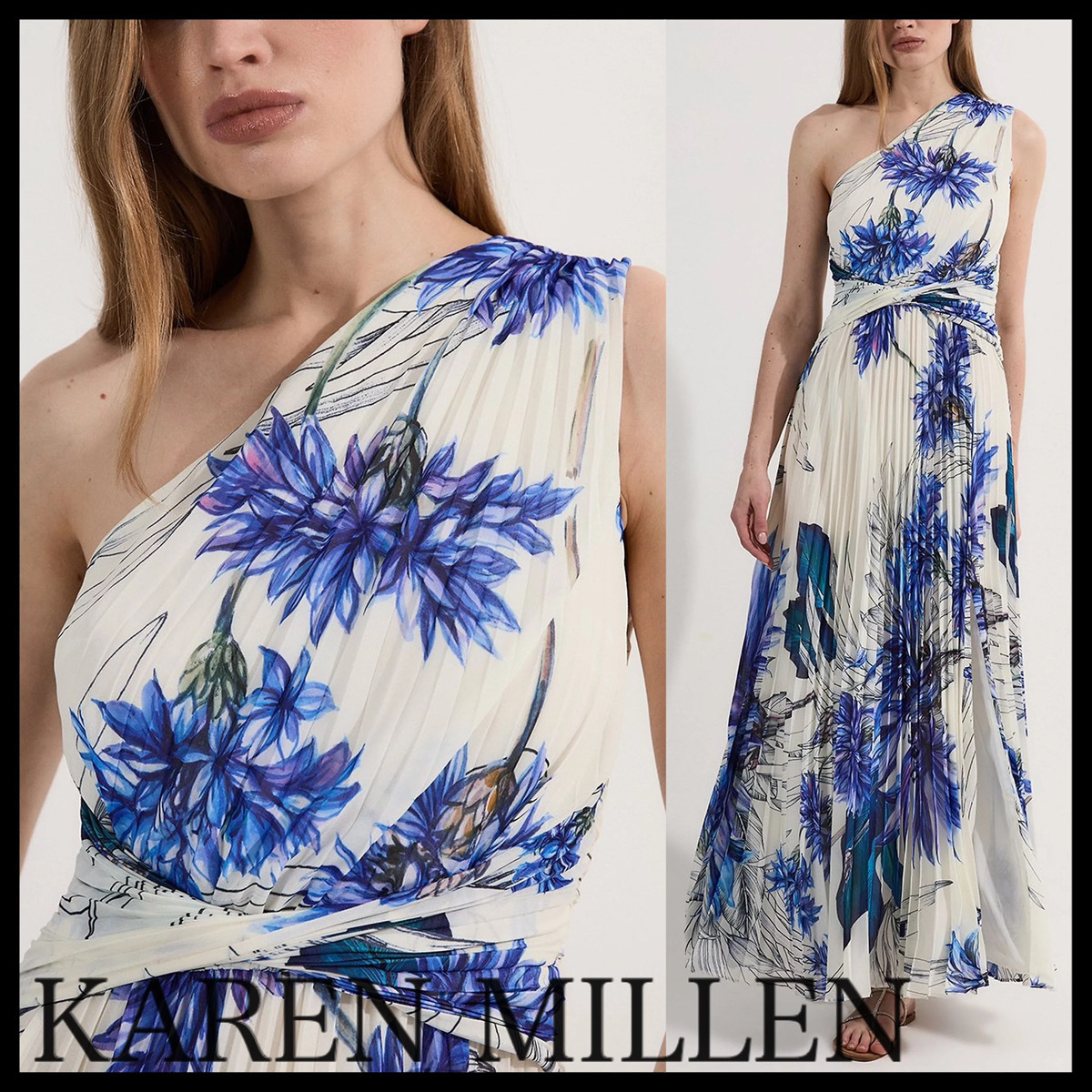 KAREN MILLEN*フローラルプリーツカットアウトマキシドレス