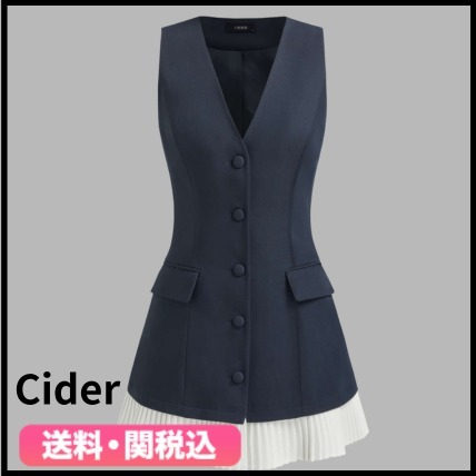 ★Cider★ Vネック ツートン プリーツ ミニドレス ワンピース