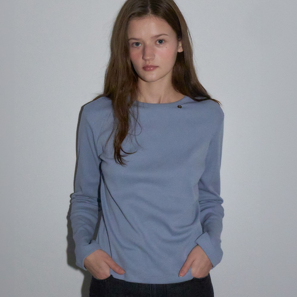 Tシャツ・カットソー RONRON MINI POINT LABEL STANDARD FIT LONG SLEEVE DUSTY BLUE