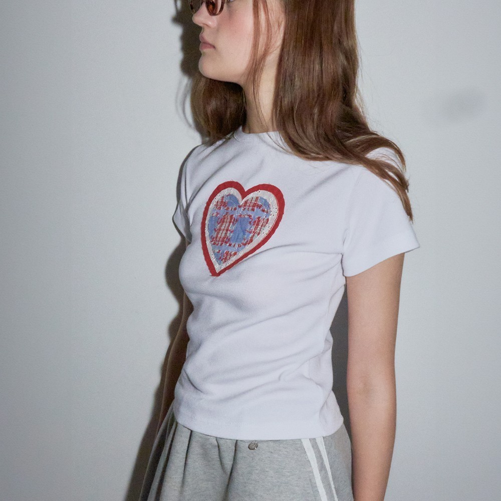 Tシャツ・カットソー RONRON SHAPE APPLIQUE SLIM CROP T SHIRTS HEART WHITE
