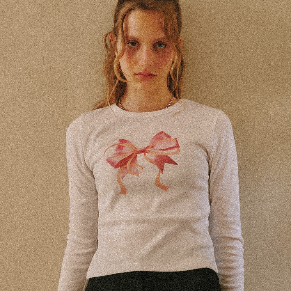 Tシャツ・カットソー RONRON DOUBLE RIBBON SLIM CROP LONG SLEEVE WHITE PINK