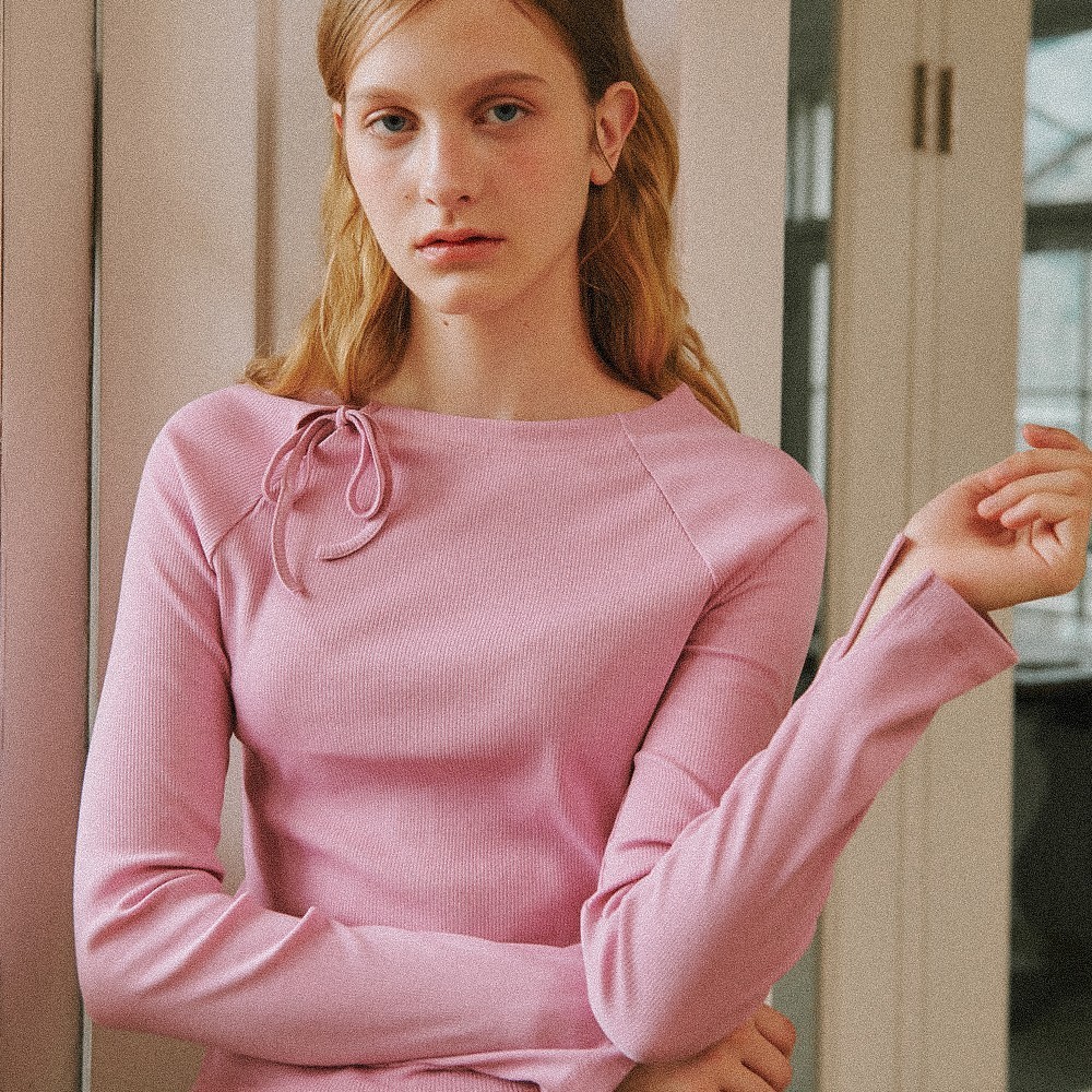 Tシャツ・カットソー RONRON SIDE RIBBON BOW LONG SLEEVE PINK