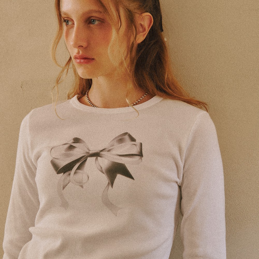Tシャツ・カットソー RONRON DOUBLE RIBBON SLIM CROP LONG SLEEVE WHITE SILVER