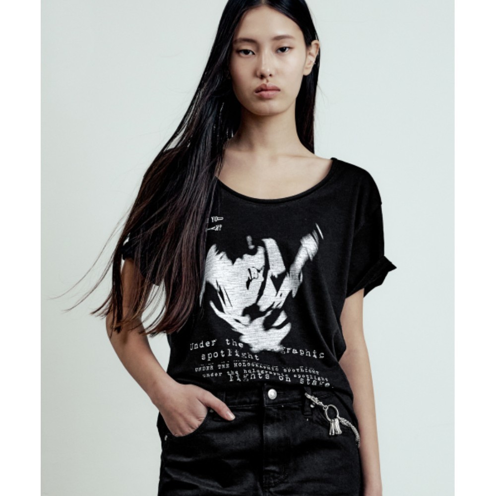 ★LMOOD★ W Electric Graphic Slub Uniq T-Shirt Black