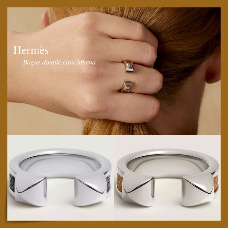 【HERMES 】華やぐメタル＆レザー☆Athenaダブルスタッド リング