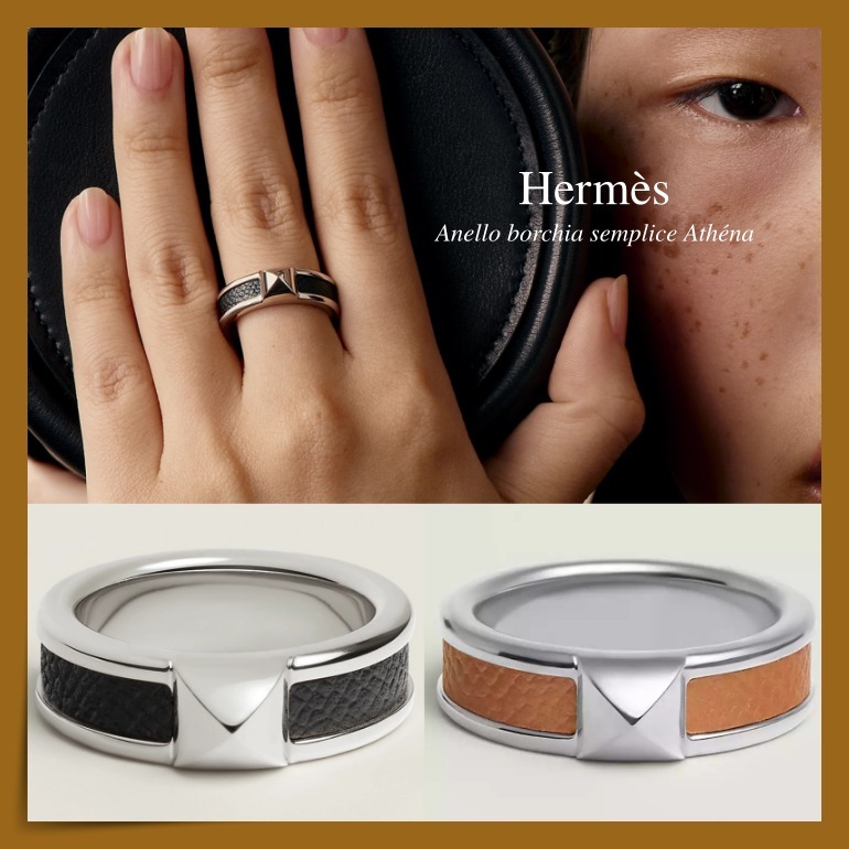 【HERMES 】 メタル＆レザー ☆ Athena シンプルスタッド リング