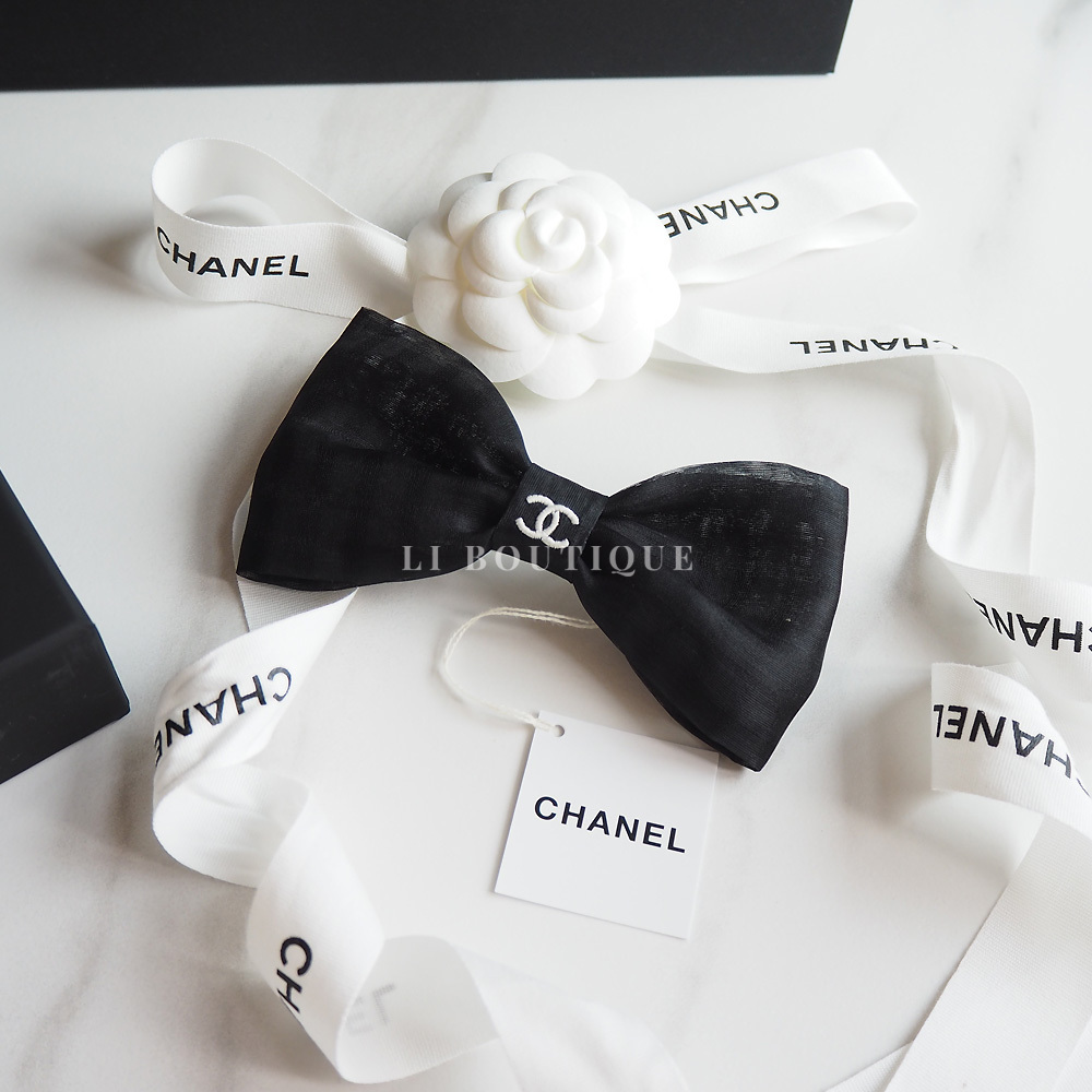 Chanel25シーズン CCロゴシルクリボンヘアピンBlack AAB048