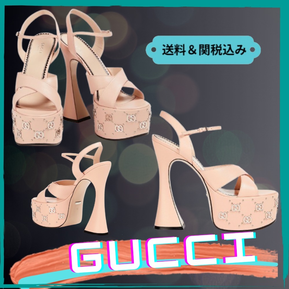 【GUCCI】レザー プラットフォームサンダル スタッズ付き