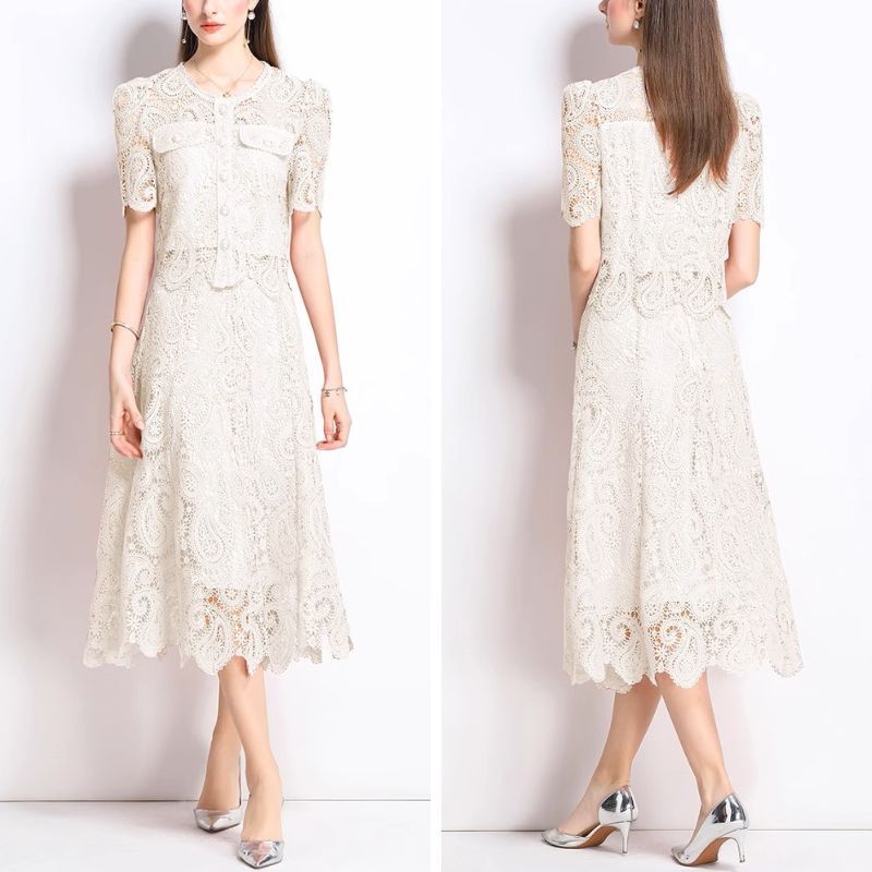 ☆半袖☆レース ロング丈 ツーピース パーティ ドレス