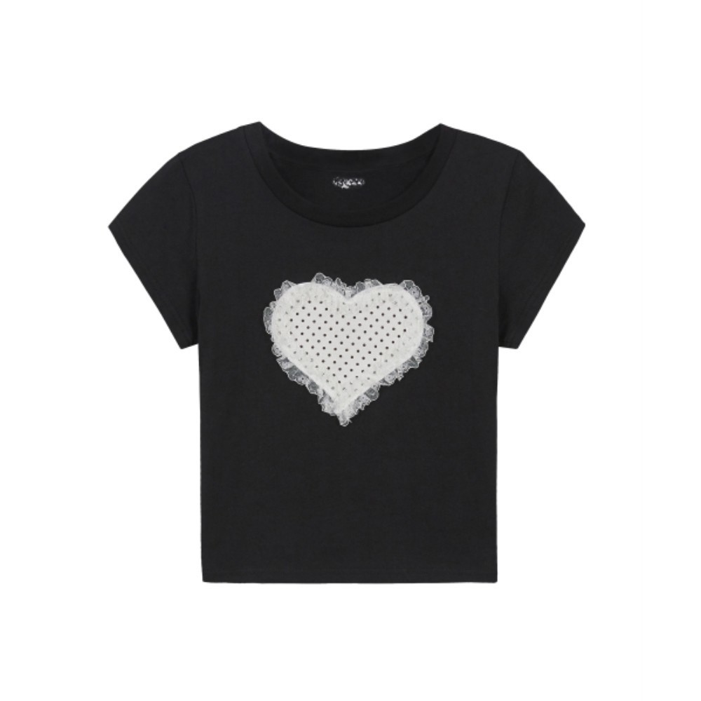 ★ILLIGO★ lace heart dot t-shirt black 25SMTOP18BK