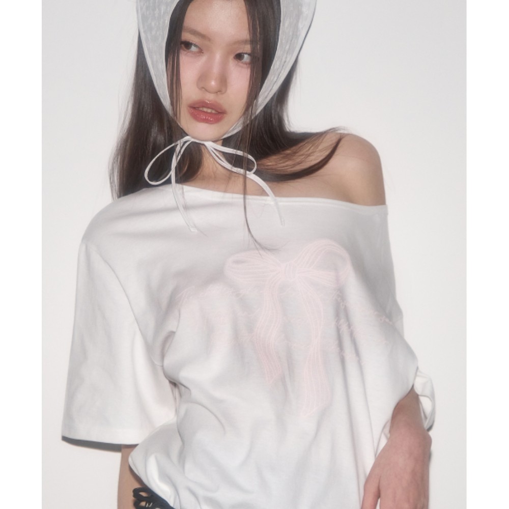 ★ILLIGO★ Ribbon shirring off-shoulder t-shirt white 25SMTO