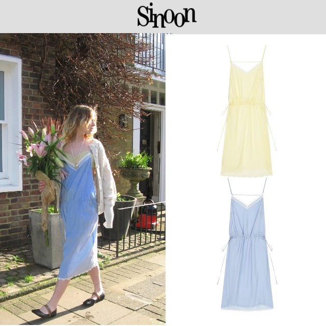 【Sinoon】 V-Neck Layered Lace Silky Dress