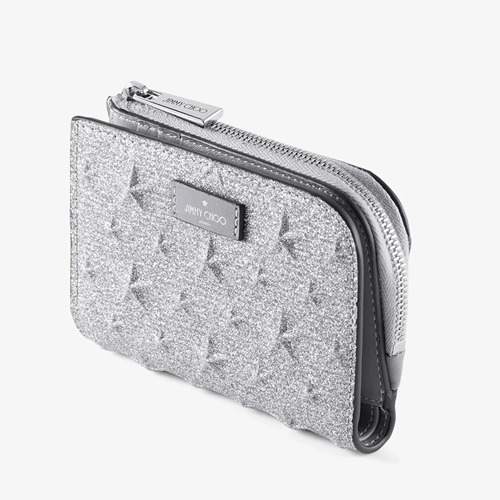 国内直営【JIMMY CHOO】コンパクトジップ ミニ財布 M グリッター コンパクトジップ ウォレット M | ネイビー エンボス加工
