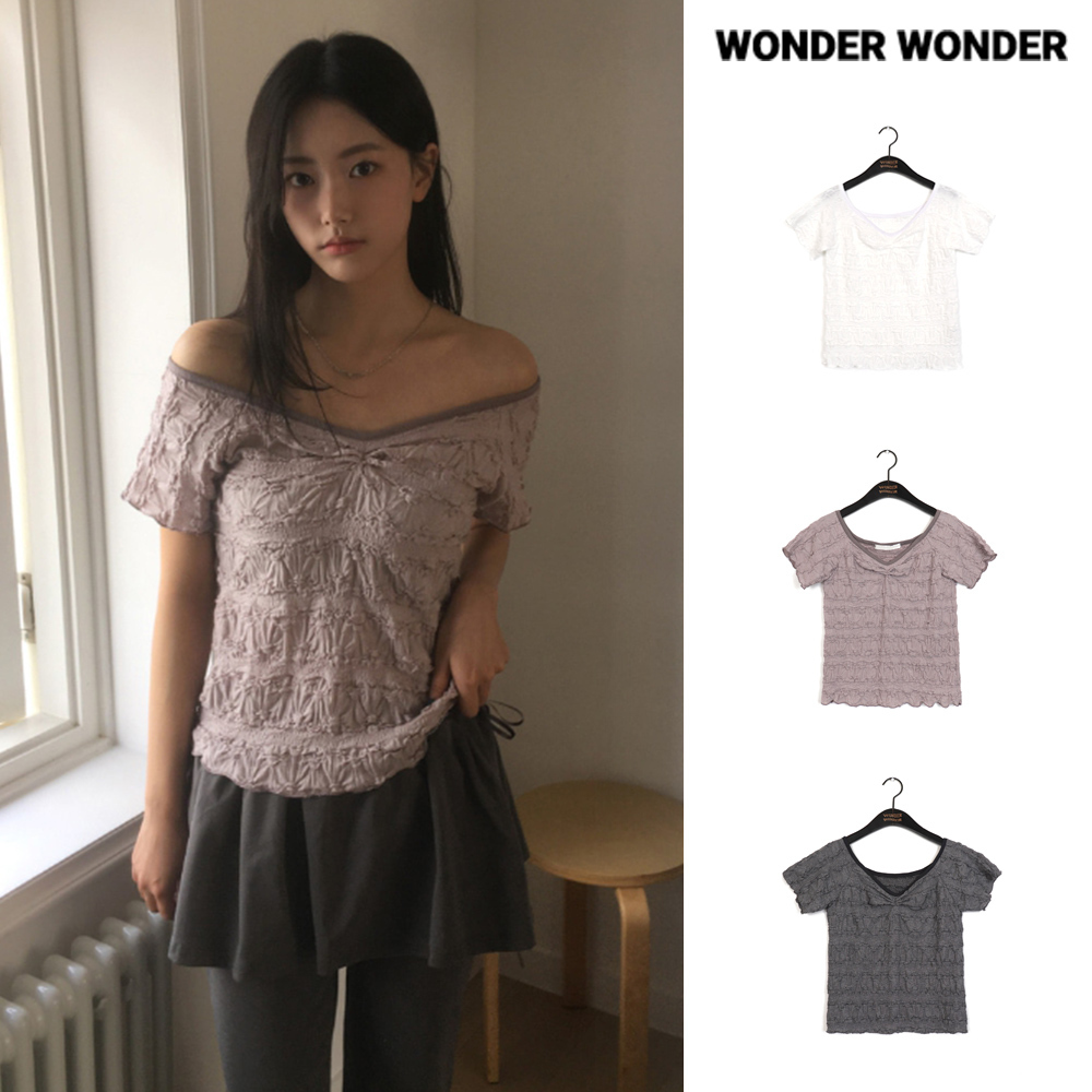 【WONDER WONDER】Butting Shirring V-neck Short Sleeve T
