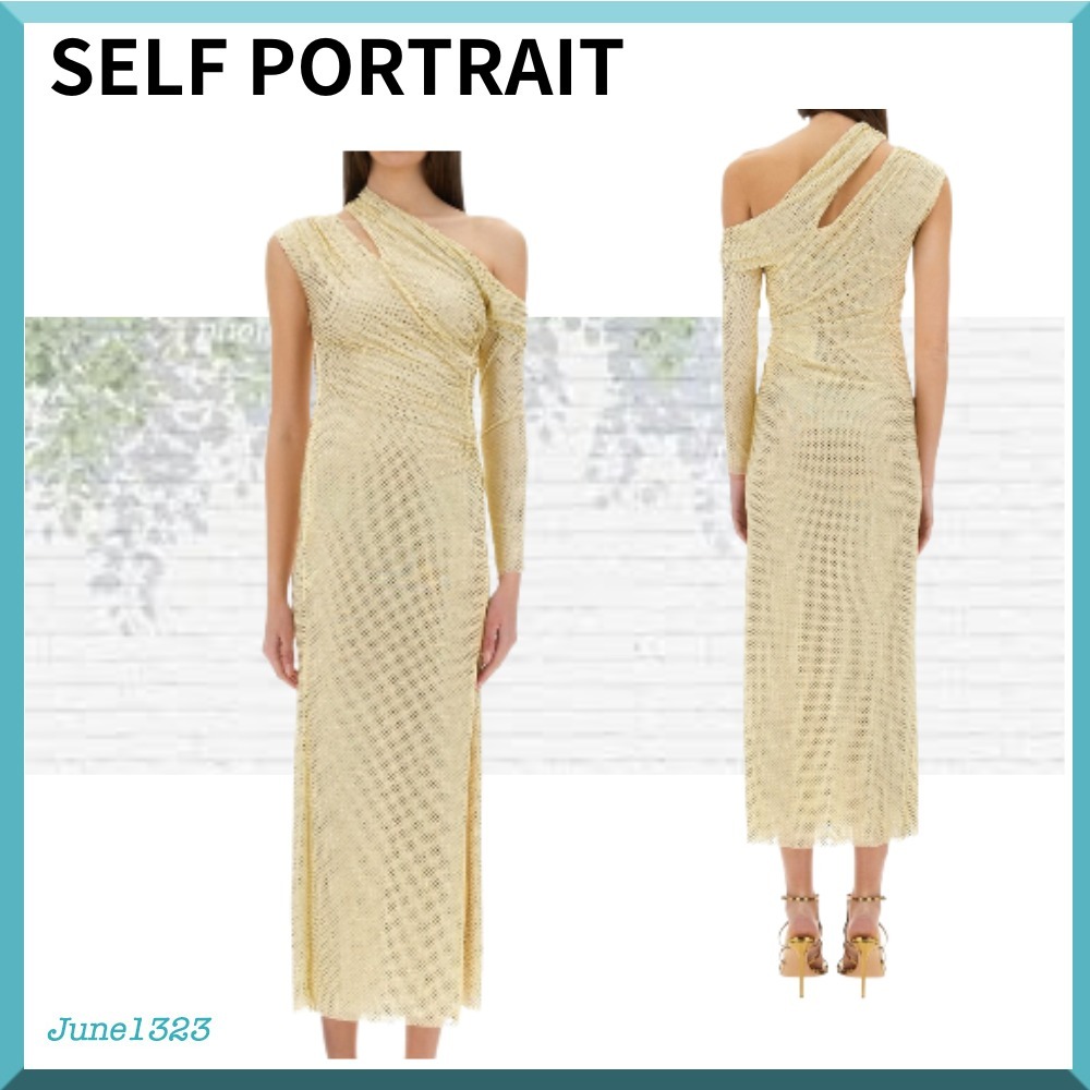 国内配【SELF PORTRAIT】アシンメトリー 片袖 装飾ミディドレス