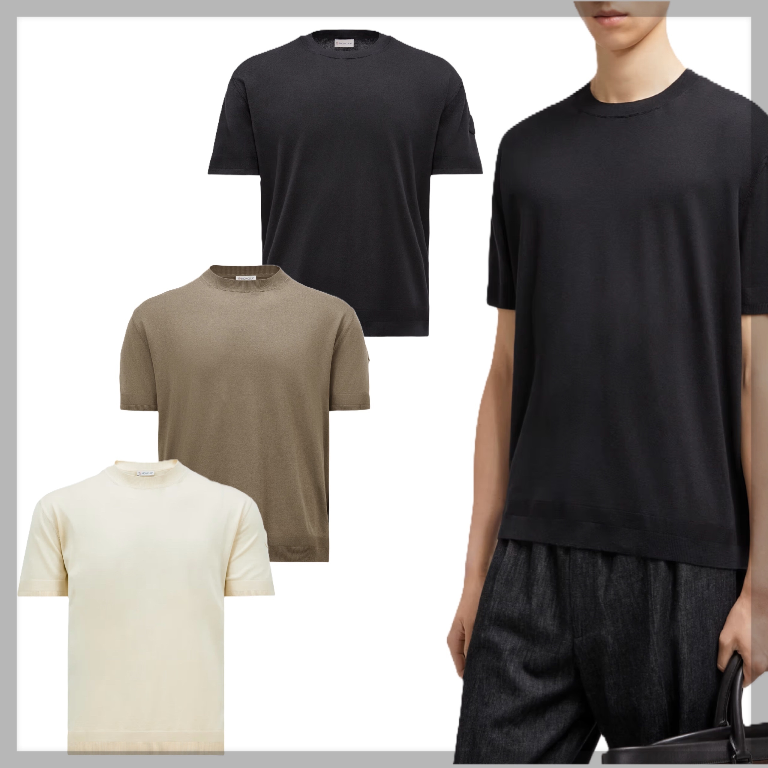 【MONCLER】 シルク＆コットンニット 袖ロゴ入り半袖Tシャツ/3色