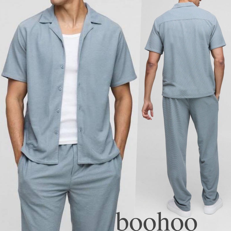 【boohoo】HONEYCOMB ワッフルリビアシャツ＆トラウザーセット