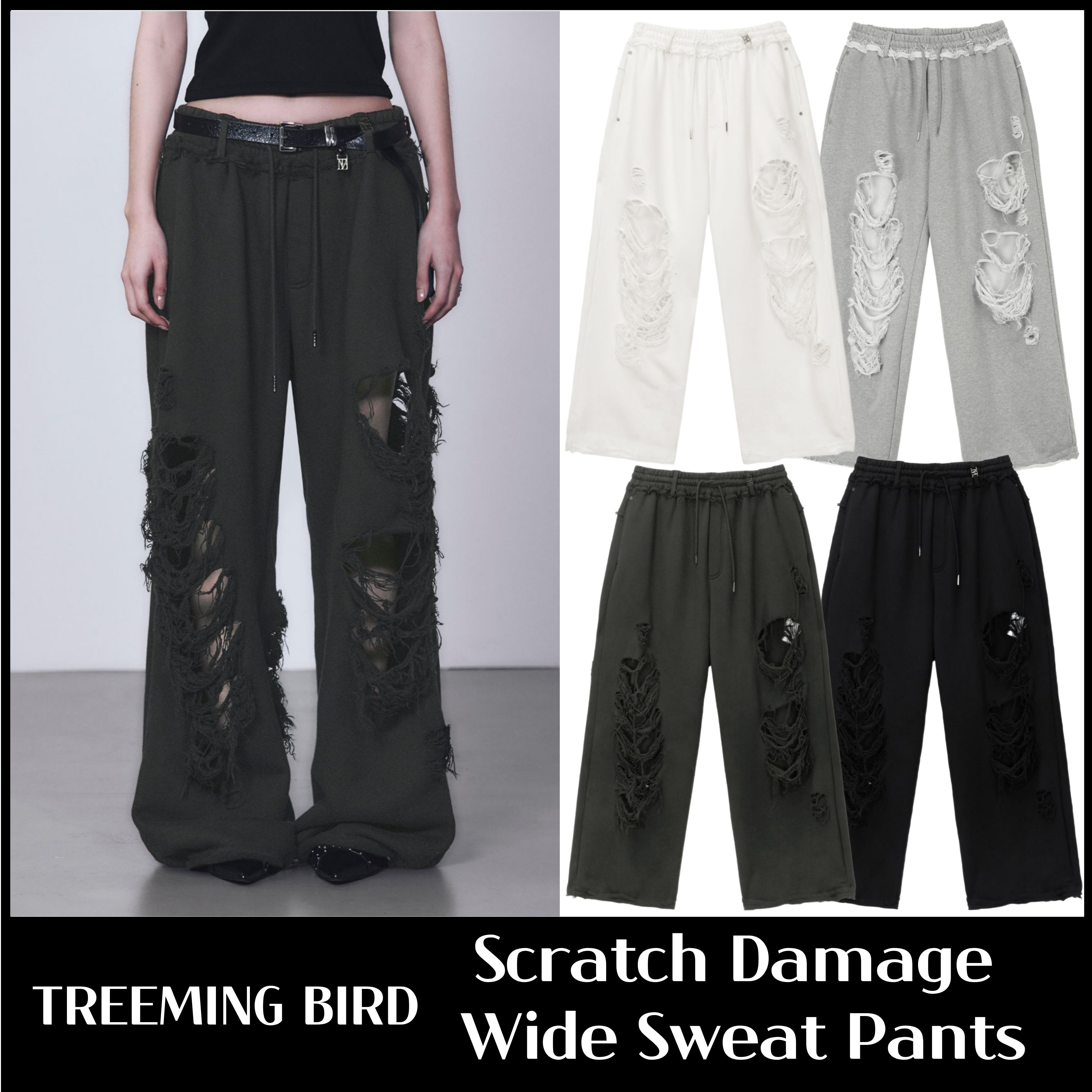 ★TREEMING BIRD★ Scratch Damage Wide Sweat Pants 4COLOR