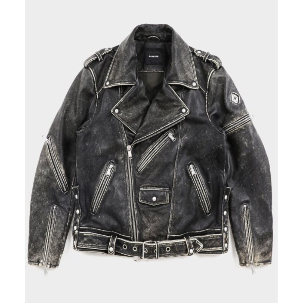 ★BADBLOOD★ Cracked Leather Biker Jacket Smokey Black w-jkt