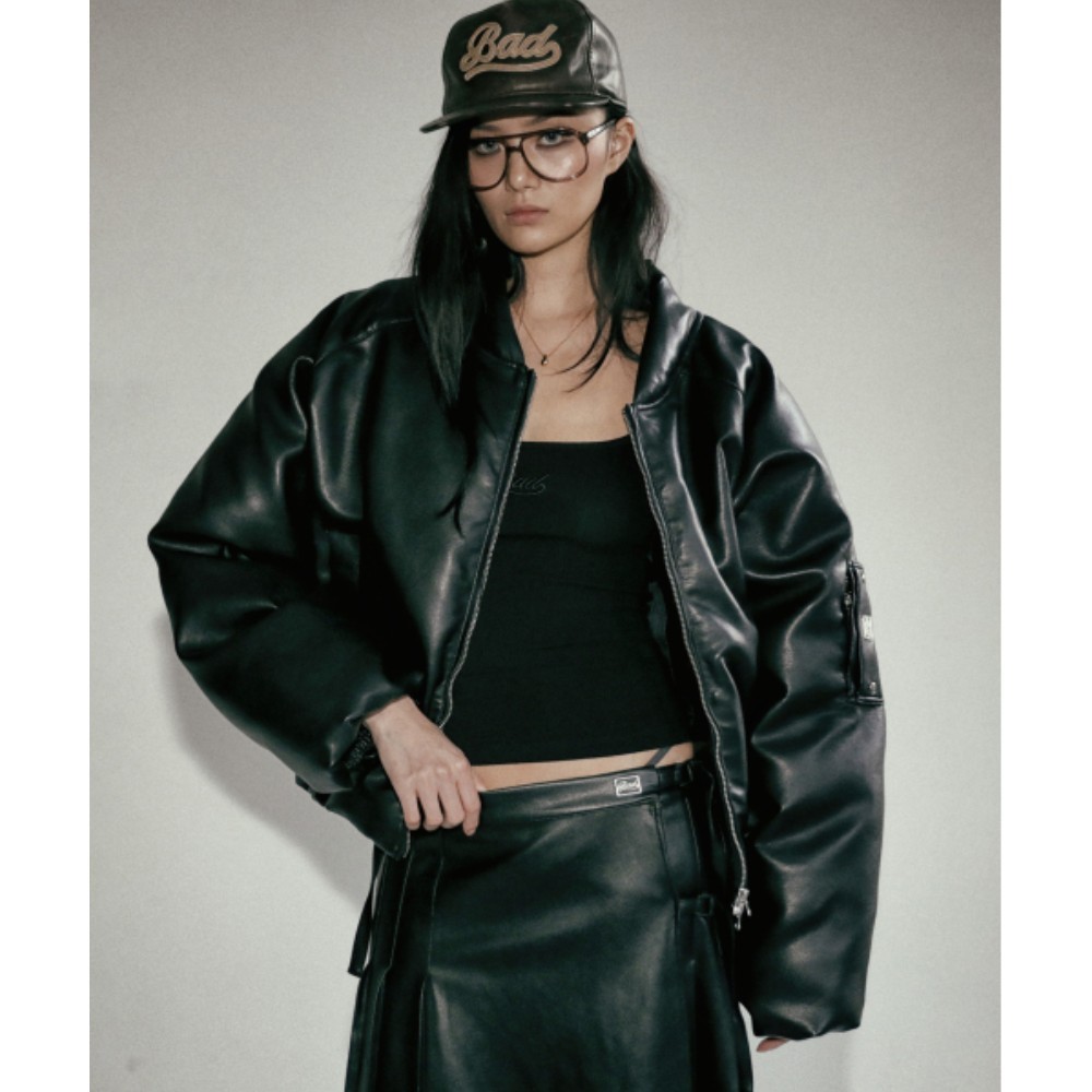 ★BADBLOOD★ BS Leather Puffer MA1 Jacket Black w-jkt24-047