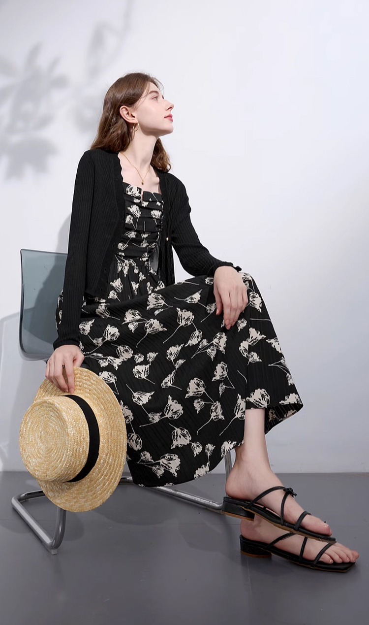 3COLOUR★Sleeveless floral French retro dress ワンピース 33