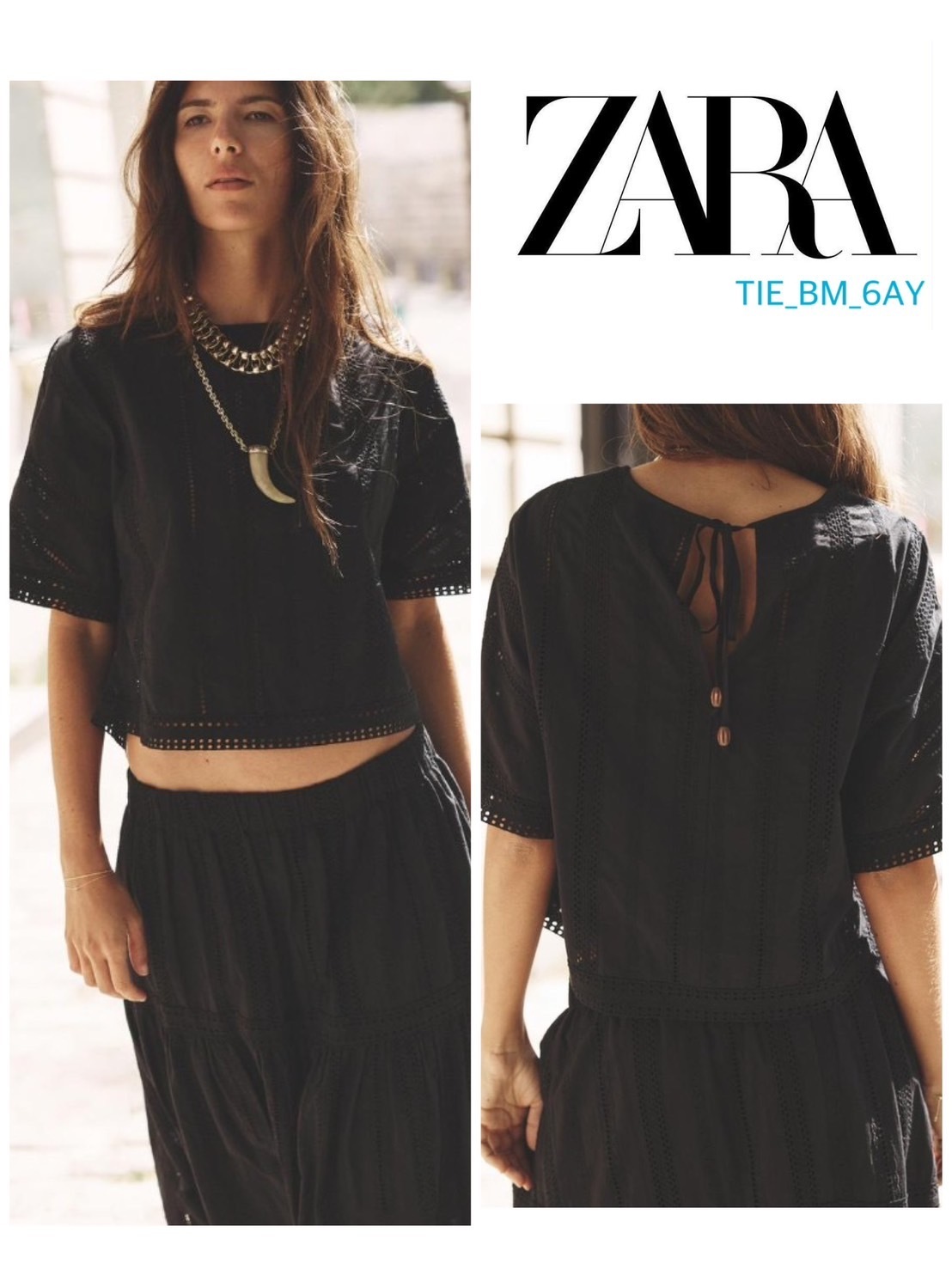 スペイン発送 ZARA パンチング刺繍ブラウス ブラック カジュアル