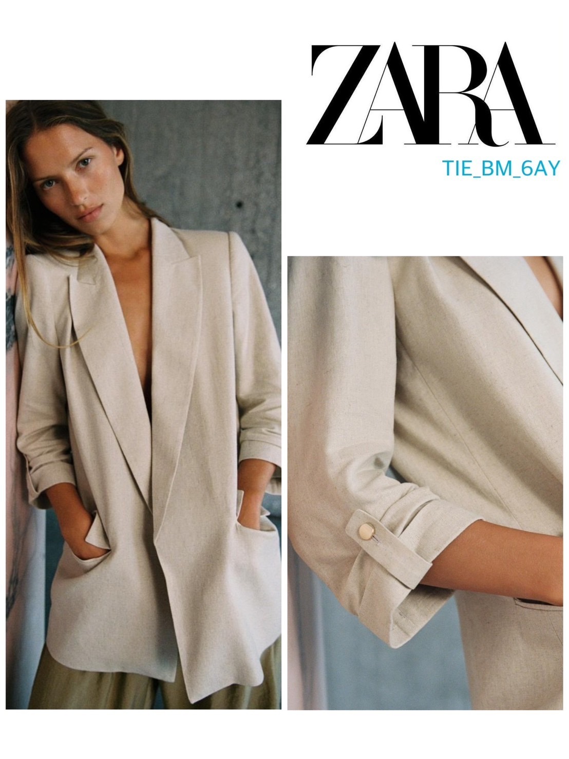 スペイン発送 ZARA ロールスリーブのリネンブレザー カジュアル