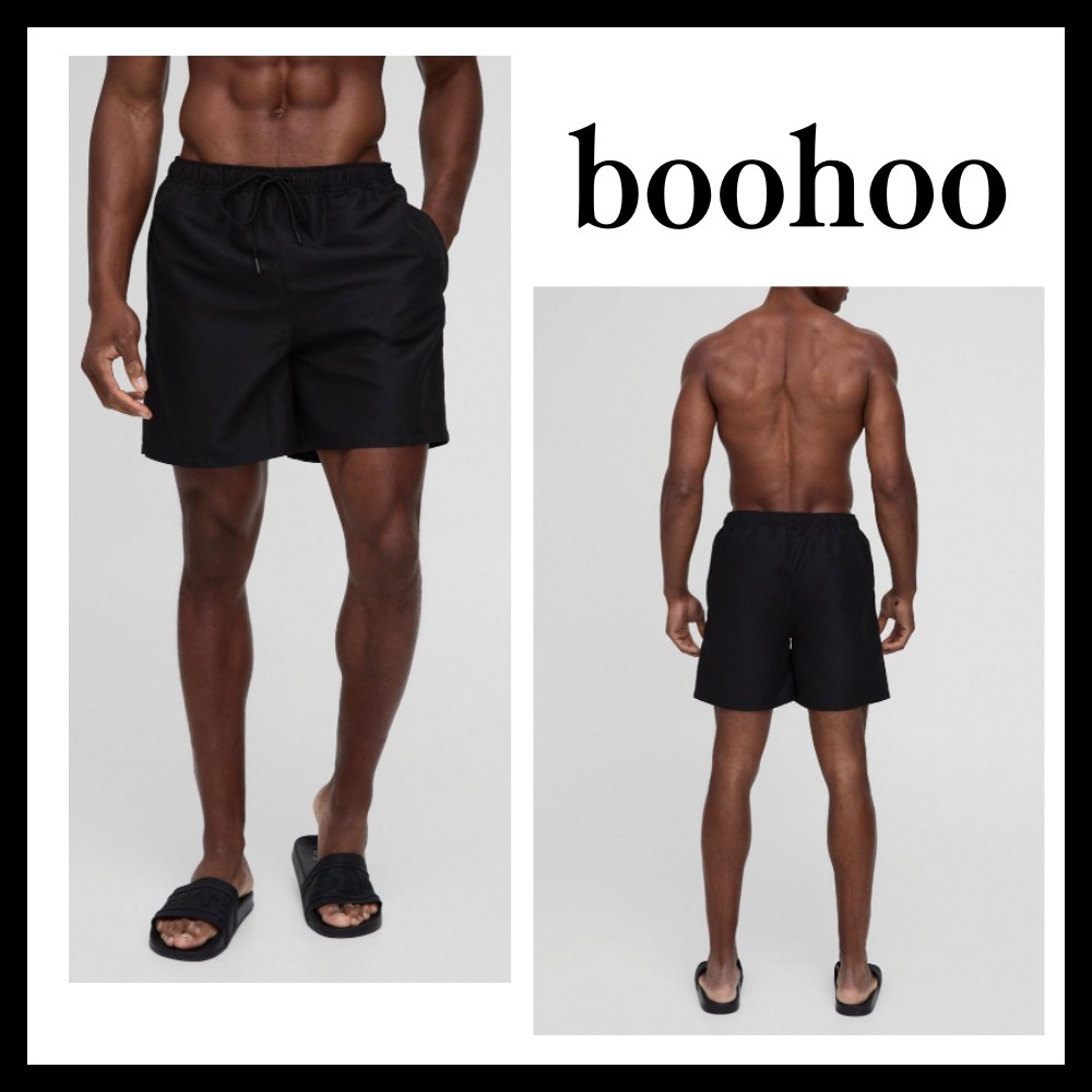 ◆ boohoo ◆ブランドロゴ入りミドル丈スイムショーツ /ブラック