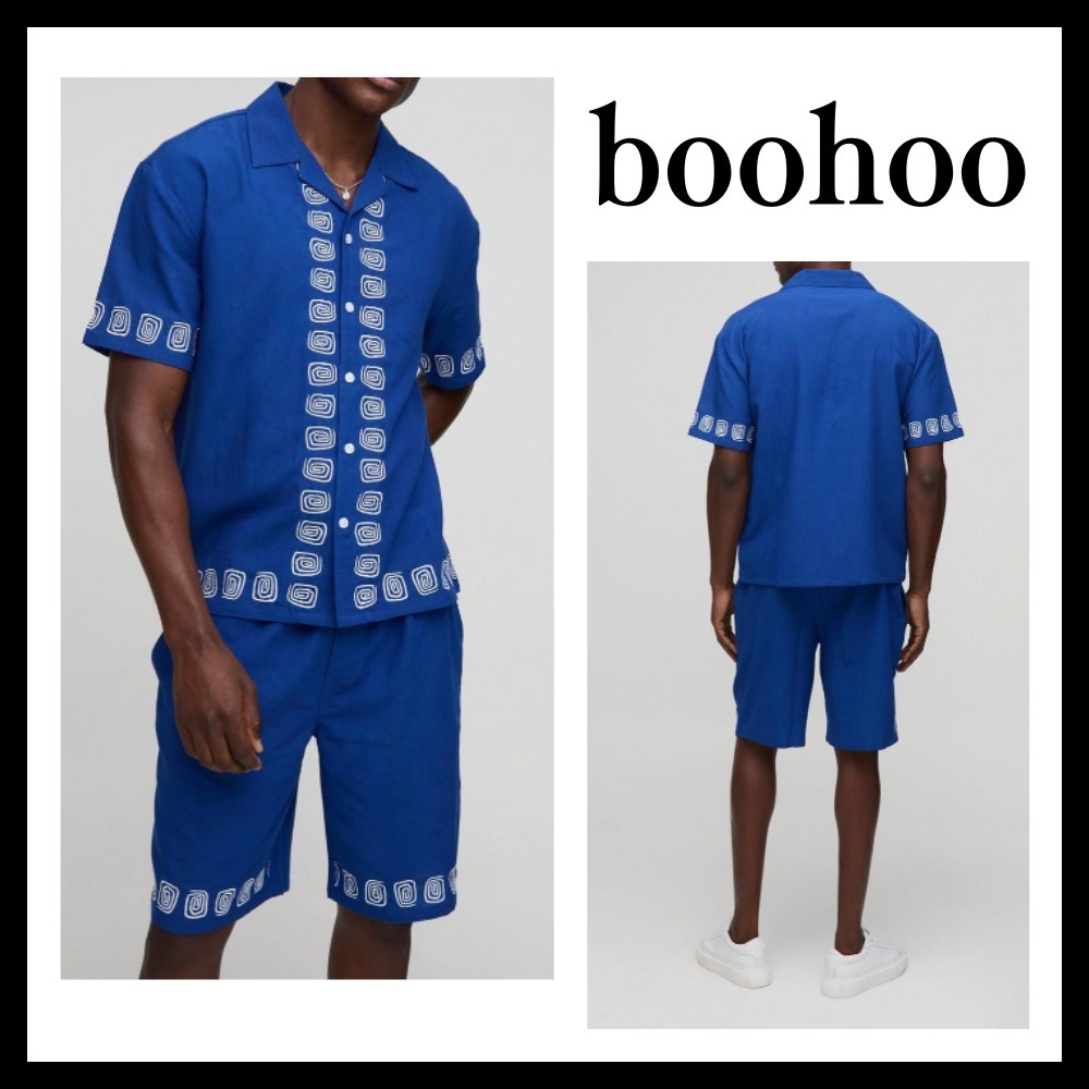 ◆boohoo◆刺繍リネンブレンドシャツ＆ショートパンツセット