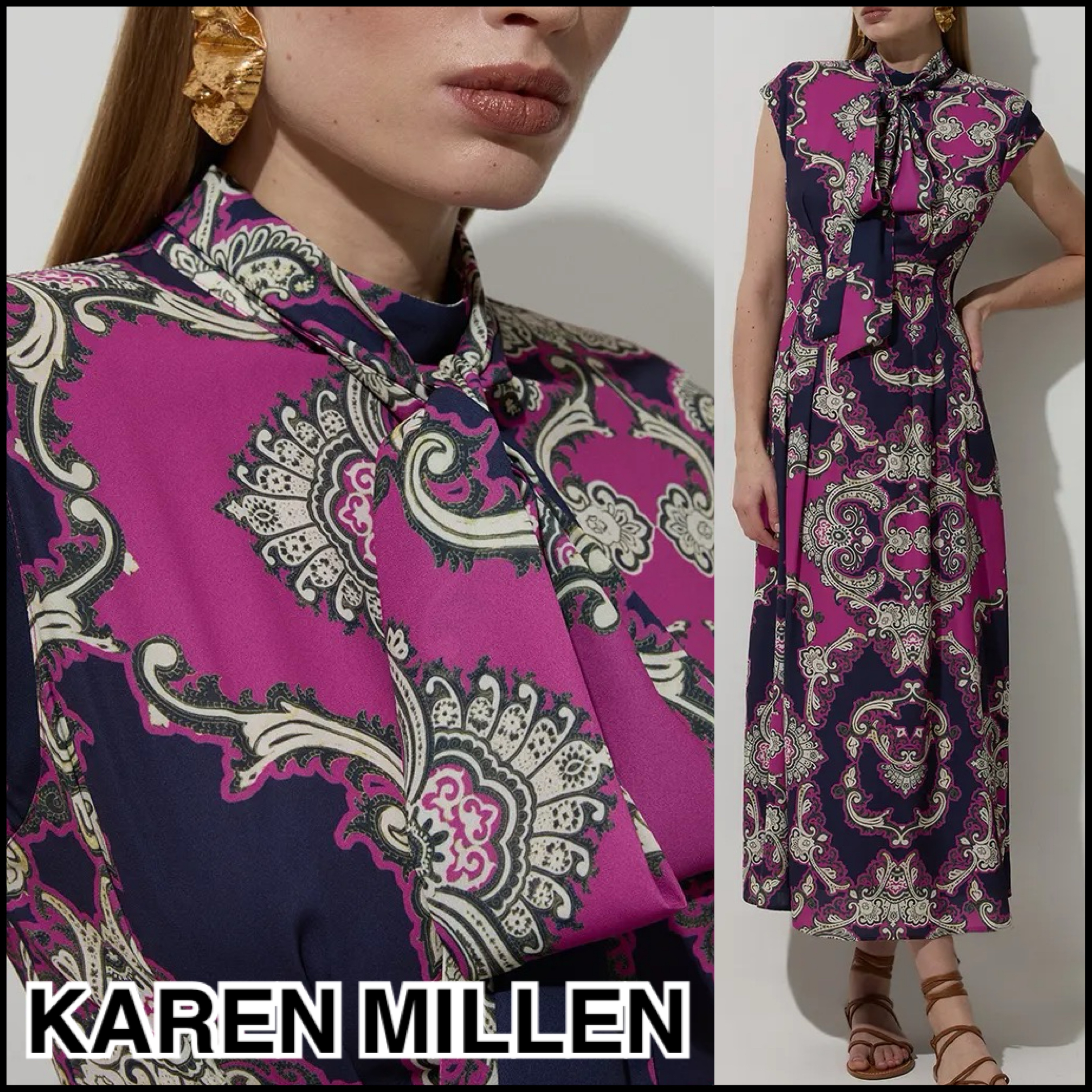 関税込 特価/完売前に【KAREN MILLEN】リボンタイプリーツドレス