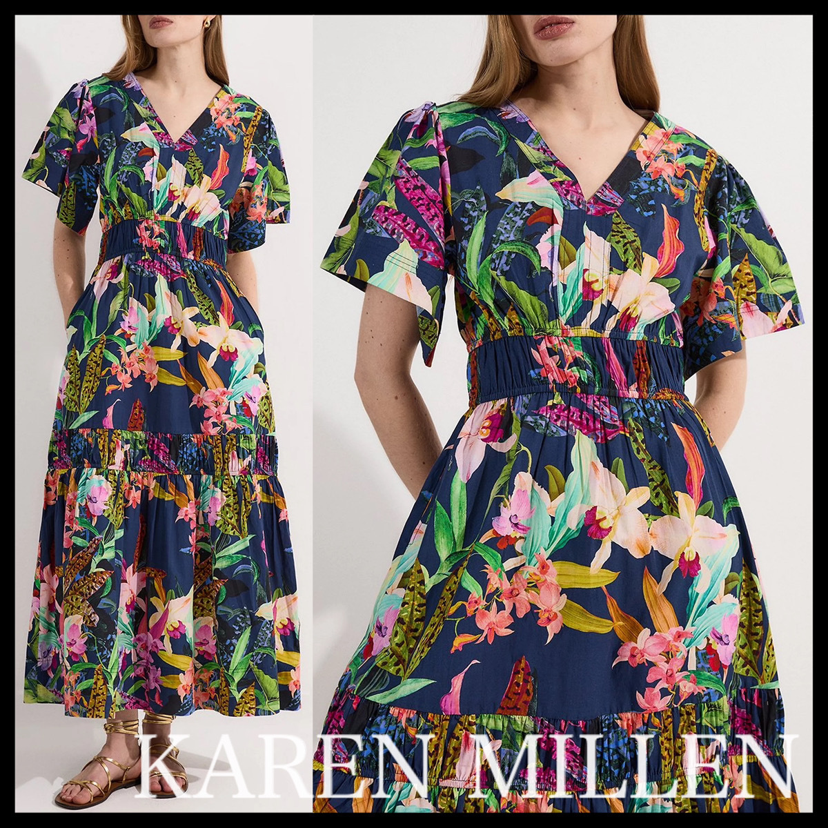 KAREN MILLEN*シャーリング ティアード フローラル マキシドレス