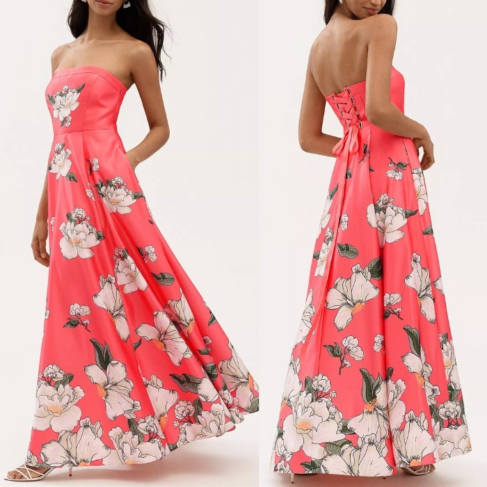 ピンクフローラル ストラップレス サテン マキシドレス by BHLDN