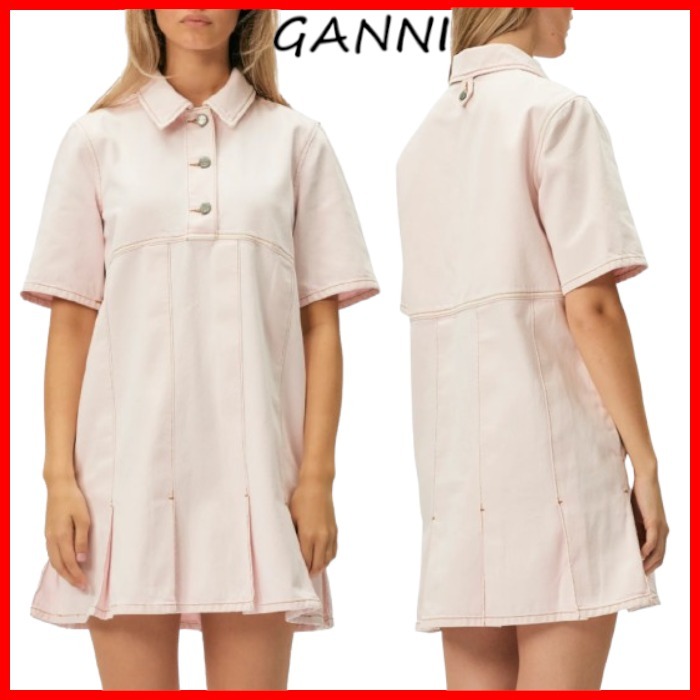 GANNI ロゴ プリーツ 半袖 デニム ミニ丈 シャツワンピース