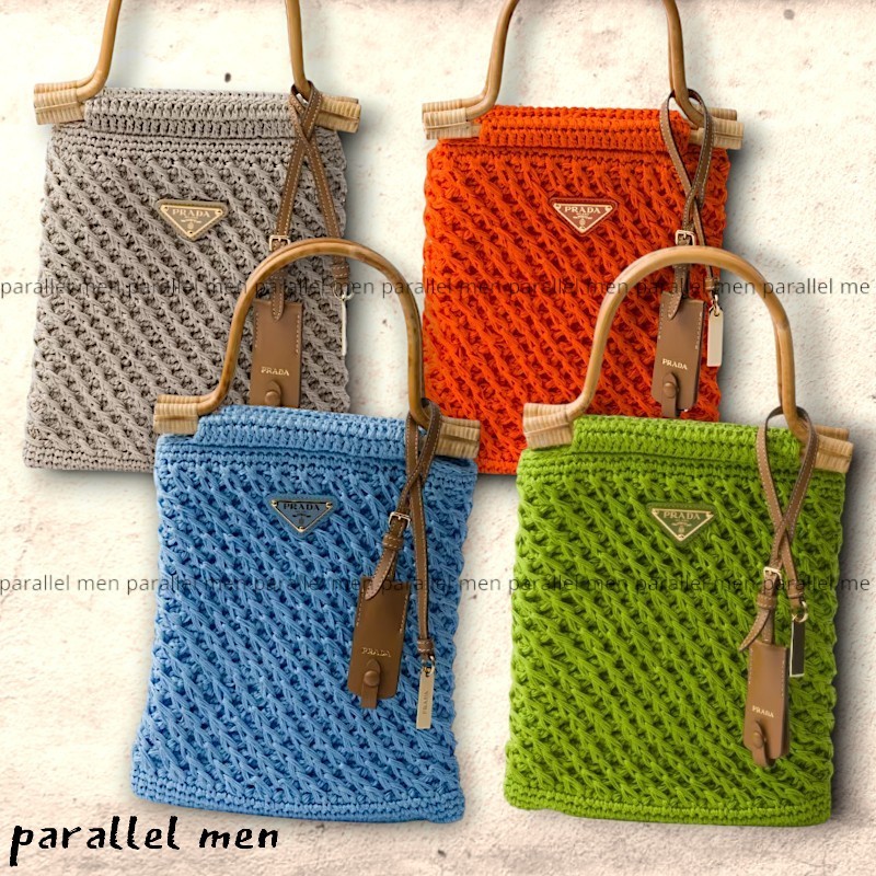 【PRADA】ウッドハンドル コットンクロシェ ミニ ハンドバッグ