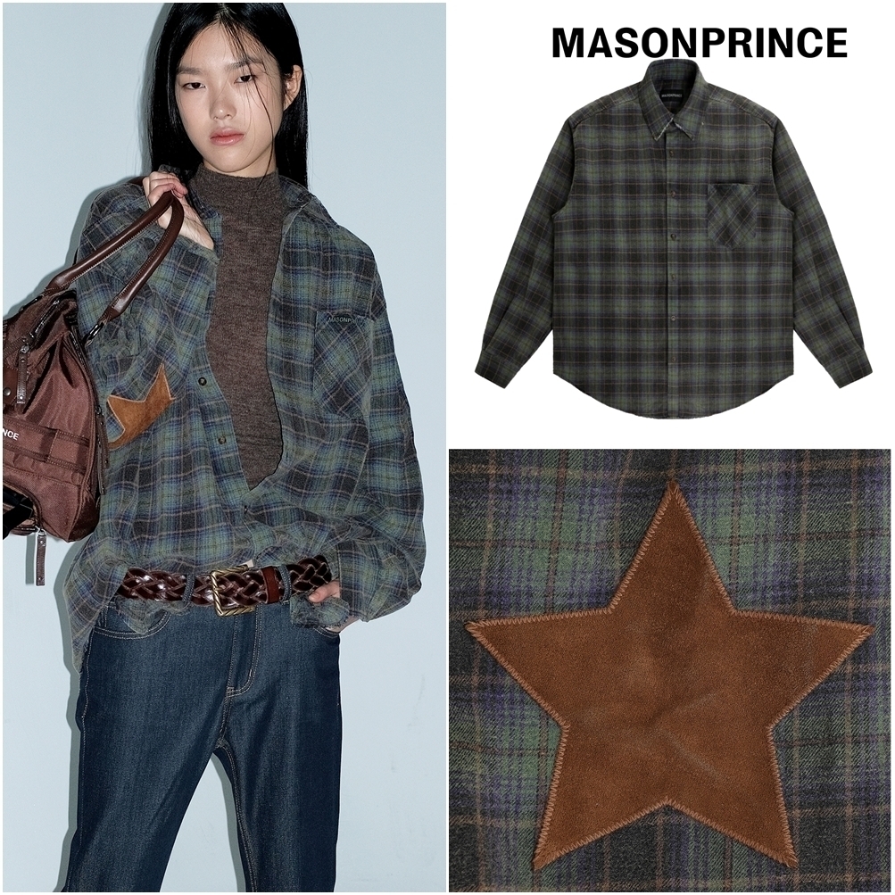 MASONPRINCE スエード エルボーパッチ チェック柄シャツ