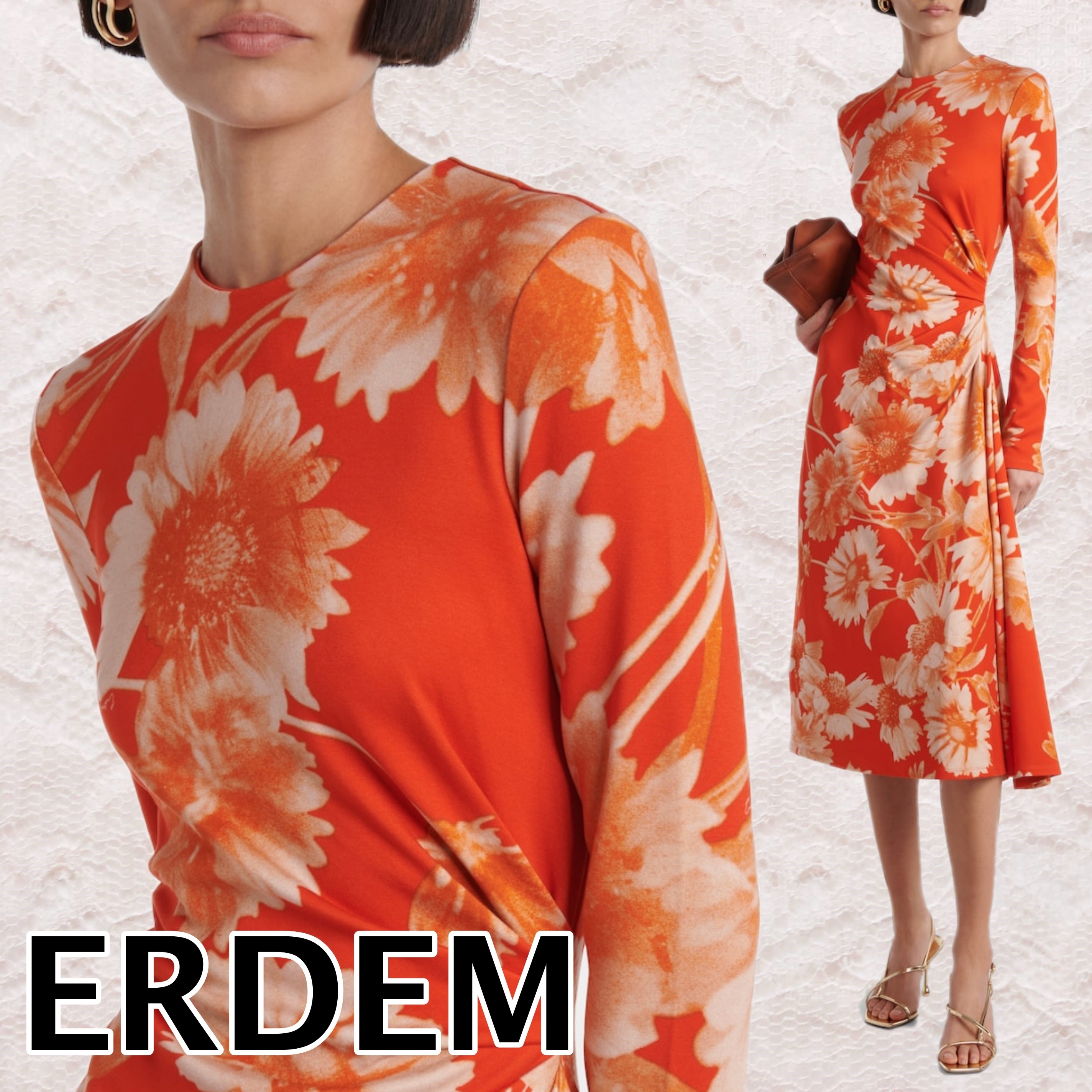 【ERDEM】花柄ドレープポンテジャージーミディドレス