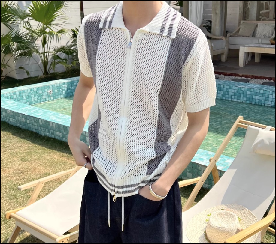 ジップアップ ニットシャツ 半袖 トップス 春夏 通気性 お洒落