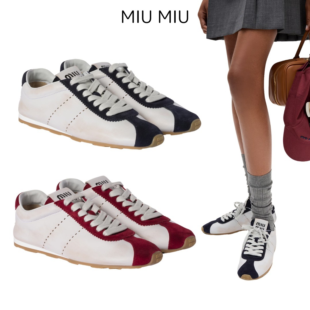 ペアOK＜MIUMIU＞プリューム ナッパレザーxスエード スニーカー