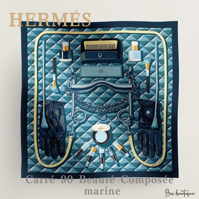 【知的で華やかネイビー】HERMES ボーテ コンポーゼ スカーフ 90