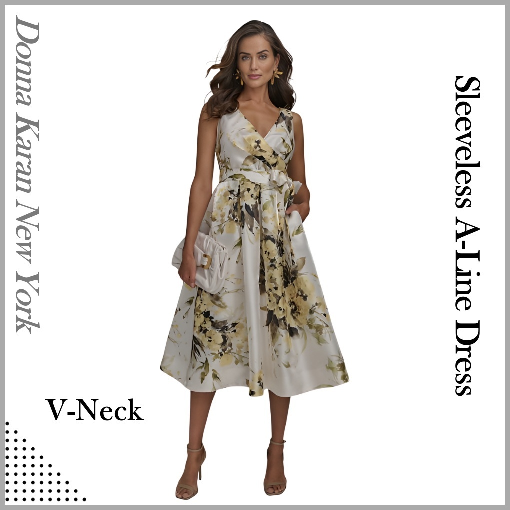 ◆Donna Karan VネックノースリーブAラインワンピース